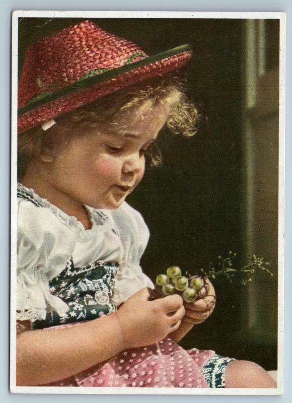 1950s LITTLE GIRL with Grapes Photo Art Verlag Rare Germany Postcard