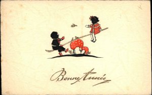 Bonne Annee Birthday Silhouette Mushrooms Children on Seesaw c1910 Postcard