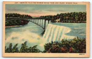 1930s NIAGARA FALLS NY AMERICAN FALLS RAINBOW BRIDGE LUNA ISLAND POSTCARD P2612