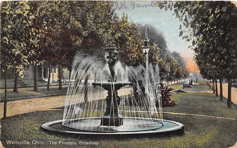 Ohio Postcard WELLSVILLE Columbiana County c1910 THE FOUNTAIN Broadway