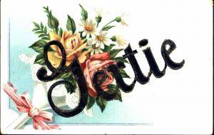 LARGE LETTER NAME GERTIE GREETING POSTCARD WITH GLITTER 1908 PMK PAYNESVILLE MN