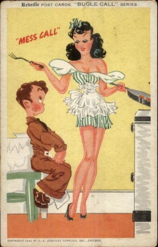 WWII Era Sexy Pin Up Lady & Little Army Boy Bugle Call Series Comic Postcard