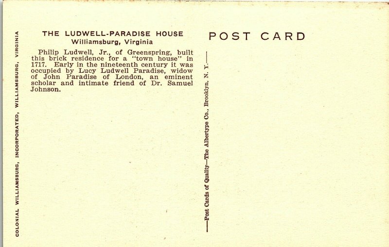 The Ludwell Paradise House Postcard Williamsburg Virginia Colonial Williamsburg
