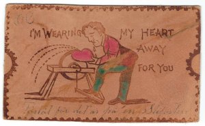 Vintage 1920's Colorized Leather Postcard Heart on Grinder - Wearing Heart Away