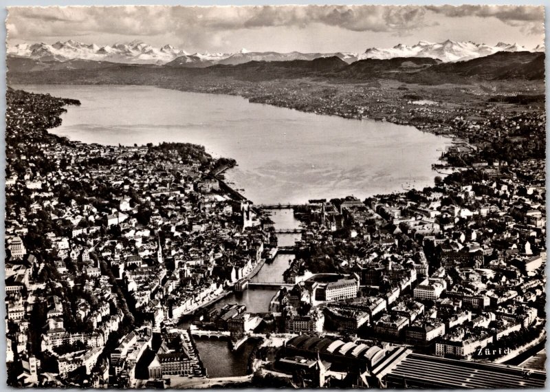 Zurich Panorama of the Buildings Lake & Mountain Real Photo RPPC Postcard