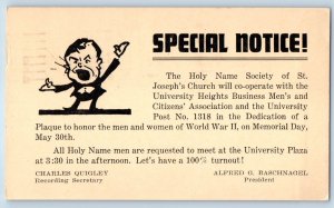 1947 Special Notice St. Joseph Church World War II Memorial Day Postal Card