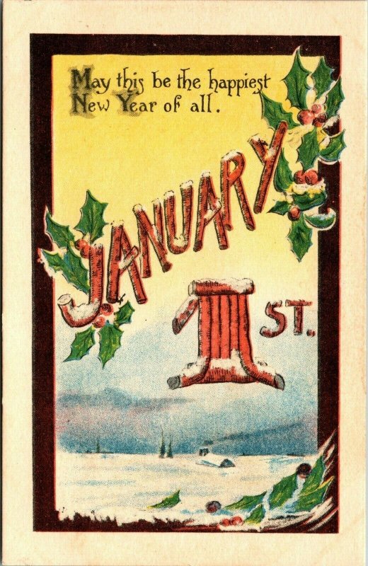 Vintage 1910's Happiest New Year January 1st Winter Snow Scene Postcard