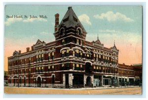 Steel Hotel St. John's Michigan 1914 Albion Antique Vintage Postcard 