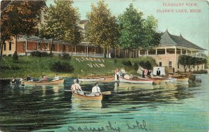 c1910 Postcard; Clark's Lake MI Pleasant View, Pleasure Boats & Pavilion, Posted