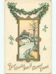 Pre-Linen christmas HOLLY HANGING OVER WINTER SCENE k1470