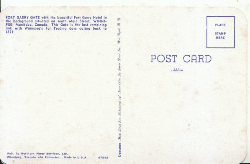 Canada Postcard - Fort Garry Gate - Winnipeg - Manitoba - Ref 13155A
