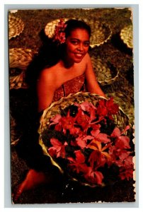 Vintage 1952 Postcard Beautiful Girl with Basket Island Orchids Honolulu Hawaii
