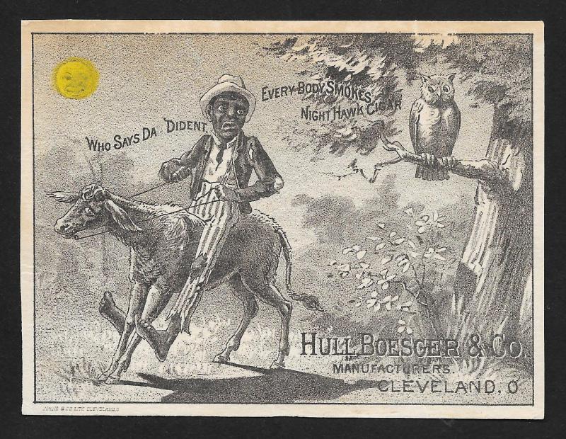 VICTORIAN TRADE CARD Hull Boesger Night Hawk Cigar Black Man on Donkey Owl Moon