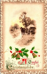 Vintage John Winsch Winter Cottage Man, Girl & Horse Antique Christmas Postcard