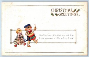 Christmas Postcard Greetings Children With Drummer Trumpet Winsch Back Embossed