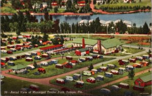 Linen Postcard Aerial View of Municipal Trailer Park in Tampa, Florida