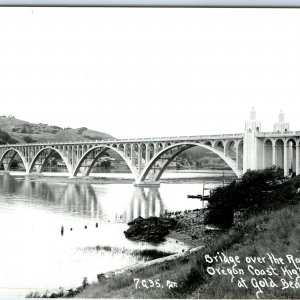 c1950s Gold Beach, Ore Rogue River RPPC Bridge Coast Hwy Real Photo RARE Vu A129