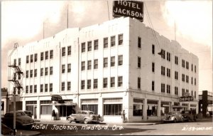 Real Photo Postcard Hotel Jackson, Coffee Shop, Depot  in Medford, Oregon