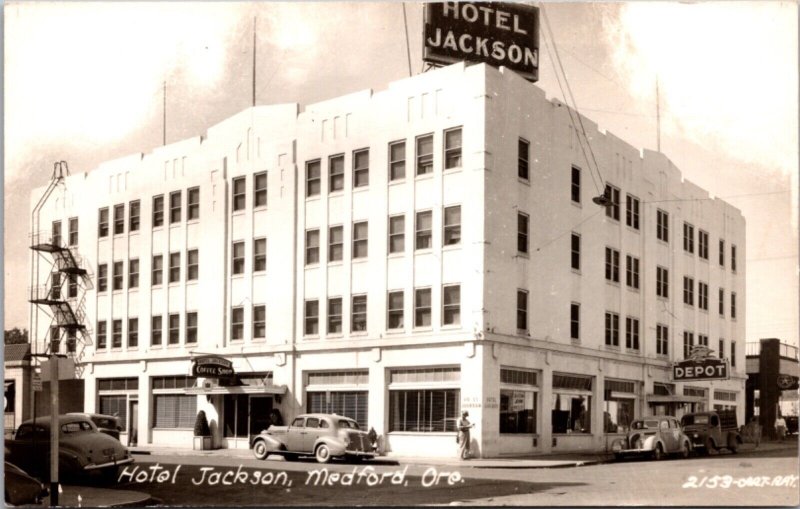 Real Photo Postcard Hotel Jackson, Coffee Shop, Depot  in Medford, Oregon