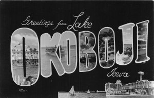 J40/ Lake Okoboji Iowa RPPC Postcard c1940s Large Letter Greetings 323