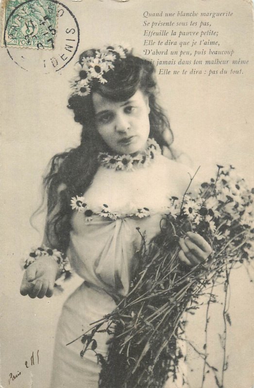 Parisian beauty lady portrait daisies floral head decoration 1907 France