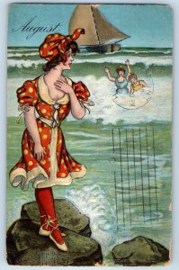 1912 August Beach Bathing Beauties Swimsuit Embossed Flint Michigan MI Postcard