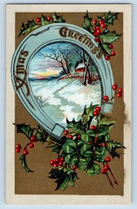 Portland OR Postcard Christmas Greetings Horseshoe Winter Scene Holly Berries