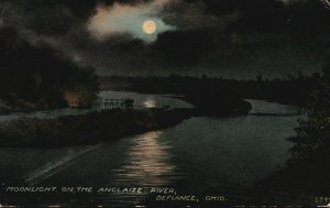 Vintage Postcard 1912 View of Moonlight On The Anglaize River Defiance Ohio OH