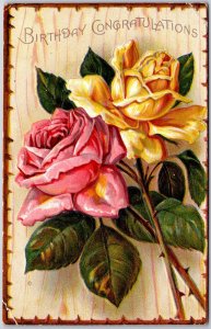 Birthday Congratulations Pink & Yellow Roses Flowers Greetings Postcard