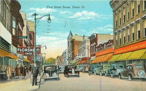 Automobiles First Street Dixon Illinois Teich linen 1939 Postcard 21-1161