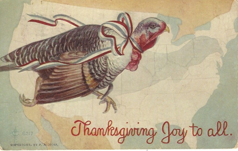 Patriotic Turkey Thanksgiving Joy to All Postcard F.A.Moss Embossed