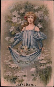 Valentine Beautiful Woman Collects Flowers in Dress All Woven Silk Postcard