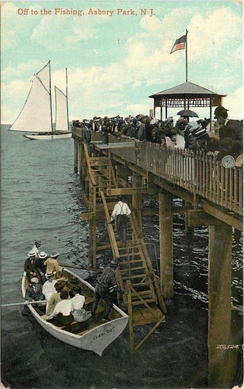 Ashbury Park New Jersey~Ivanhoe: Off To The Fishing~Boat Dock~1908 Postcard 