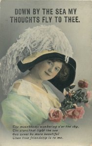 Postcard Elegant young vintage clothing roses bouquet fancy hat