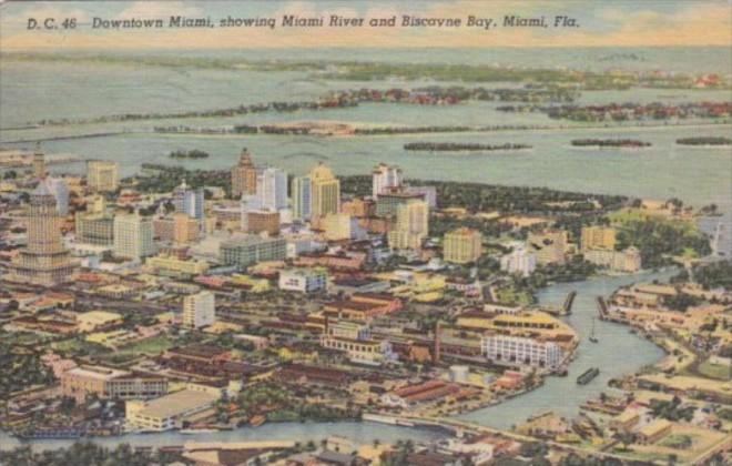 Florida Miami Downtown Showing Miami River and Biscayne Bay 1950 Curteich