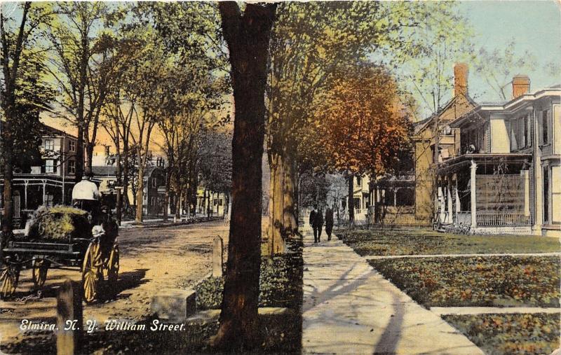 Elmira New York~William Street~Houses~Men on Sidewalk~Hay on Horse Wagon~c1910