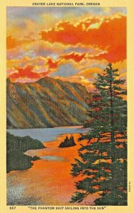 CRATER LAKE NATIONAL PARK OREGON~PHANTOM SHIP SAILING INTO THE SUN 1937 POSTCARD