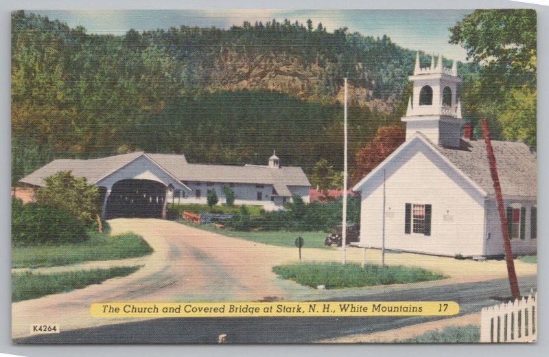 Stark New Hampshire~Church & Covered Bridge & White Mts~Vintage Postcard