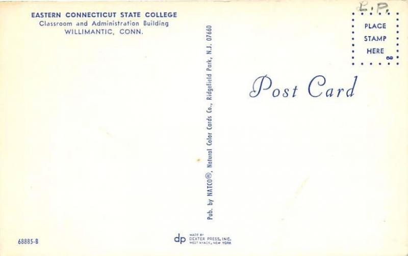 WILLIMANTIC CONNECTICUT EASTERN CT STATE COLLEGE CLASSROOM ADMIN POSTCARD c1970s