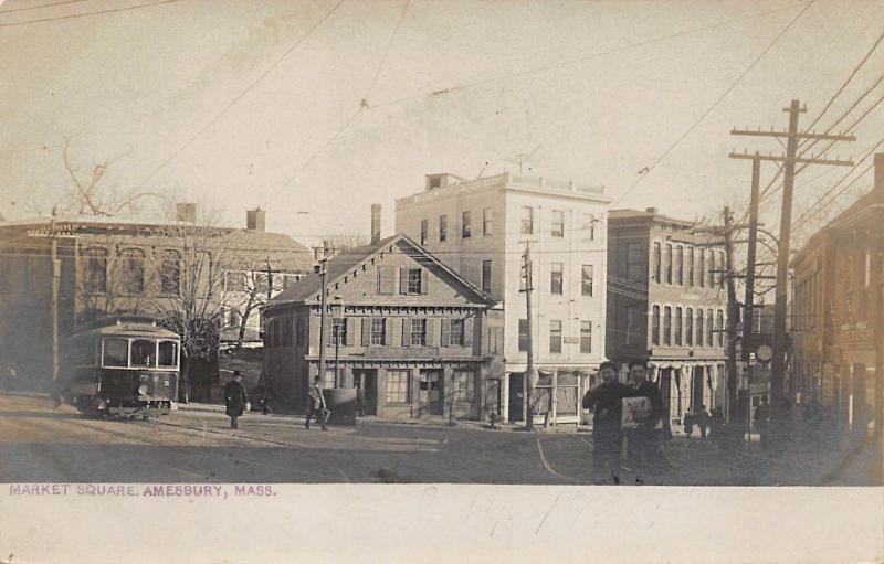 1906 Amesbury MA Market Square Storefronts Trolley Real Photo Postcard