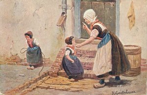 Ethnography topical vintage fine art postcard traditional costume mother scold