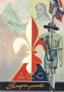 ITALY ALWAYS READY A.E.C JESUS BOY SCOUTS SWITZERLAND STAMPS POSTCARD (1930s)