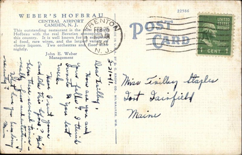 Camden New Jersey NJ Weber's Hof Brau Central Airport Vintage Postcard