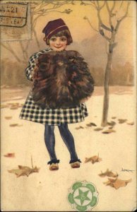 Fall Autumn Little Girl Leaves Trees Muff Hat c1920 Postcard