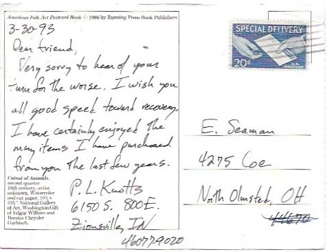 US American Folk Art Postcard - 1986. Used with C20 Special Delivery.