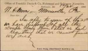 Baltimore MD Franklin Davis Co Nursery 1882 Agriculture Postal Card