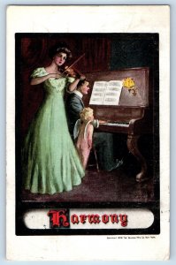 1908 Pretty Woman Playing Violin Man Piano Cupid Harmony Sandusky OH Postcard
