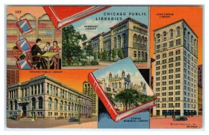 CHICAGO, Illinois IL ~ Multi View PUBLIC LIBRARIES ca 1940s Linen Postcard