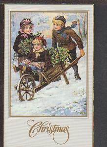 Christmas Children Wheel Barrow Postcard BIN 1499