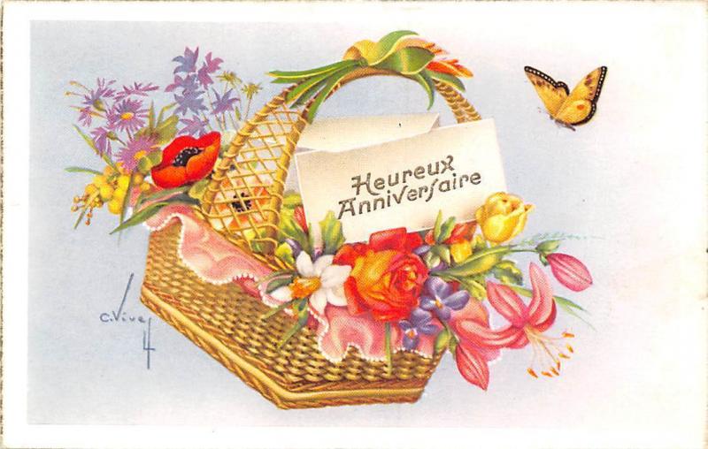 Heureux Anniversaire C Vivey Roses Poppy Fleurs Butterfly Fantasy 1961 Topics Illustrators Photographers Illustrators Signed Other Hippostcard